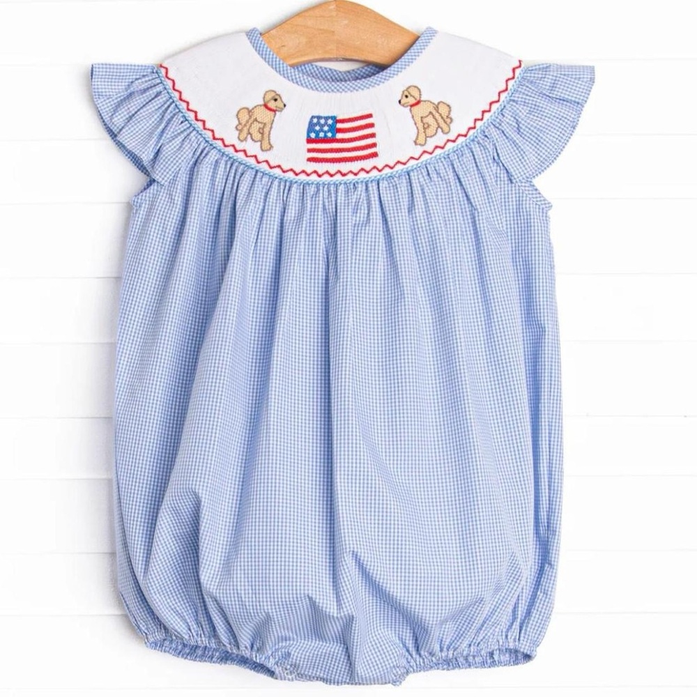 Smocked Blue Gingham Baby One-Piece with Flag & Puppy Embroidery